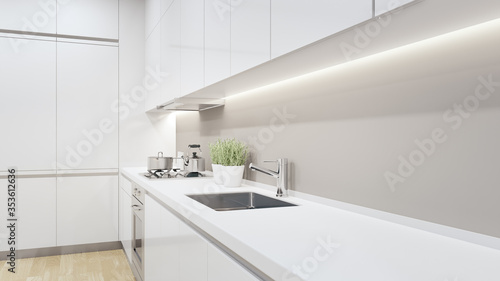 Cabinet of modern kitchen in luxury house. Home interior 3d rendering with empty white top counter for product display.
