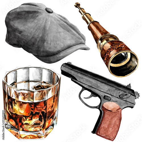 Quadro su tela Watercolor set of objects from the time of bootleggers - glass of wiskey, telescope, gun, cap