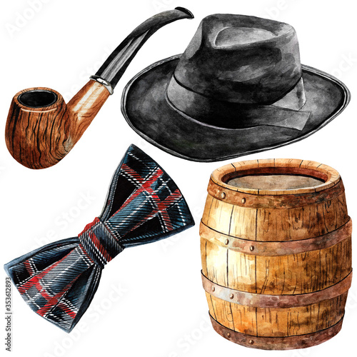 Fotografía Watercolor set of objects from the time of bootleggers - tobacco pipe, black hat, bow tie, wooden wine barrel