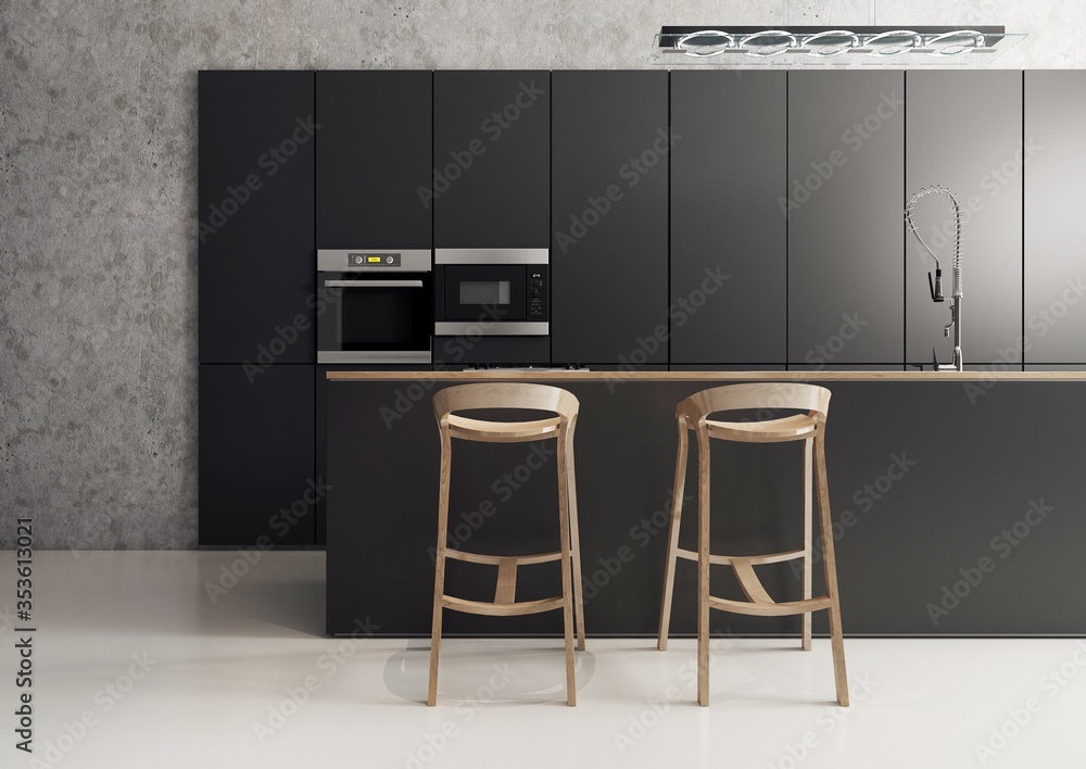 Wnętrze kuchni, minimalistyczny styl, połączenie czarnych frontów szafek z betonem i drewnem. - obrazy, fototapety, plakaty 
