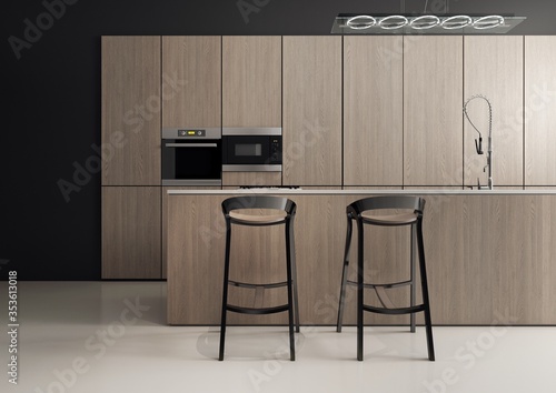 Wnętrze kuchni, minimalistyczny styl, połączenie czarnych odcieni z drewnianymi frontami szafek.