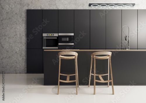 Wnętrze kuchni, minimalistyczny styl, połączenie czarnych frontów szafek z betonem i drewnem.