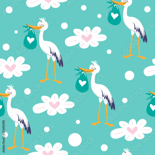 Cute stork holds baby and clouds on a blue background seamless pattern