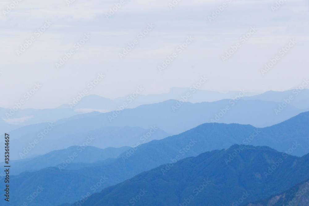 Mountain range landscape, horizon and hills, blue color gradient
