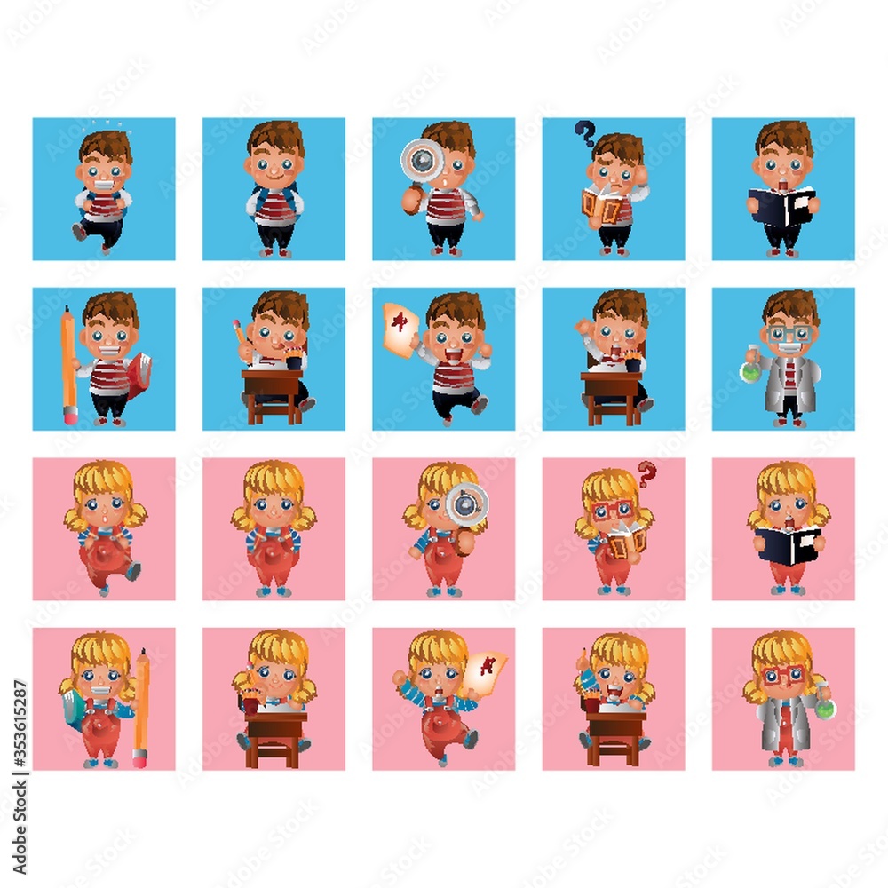 Plakat Collection of girl and boy performing different actions