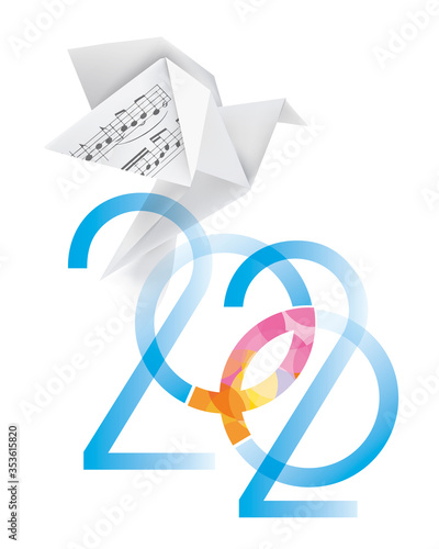 Jesus fish symbol year 2020 with paper dove and musical notes.
Inscription 2020 with  Jesus fish symbol with cross. Concept for sacral music. Isolated on white background. Vector available.