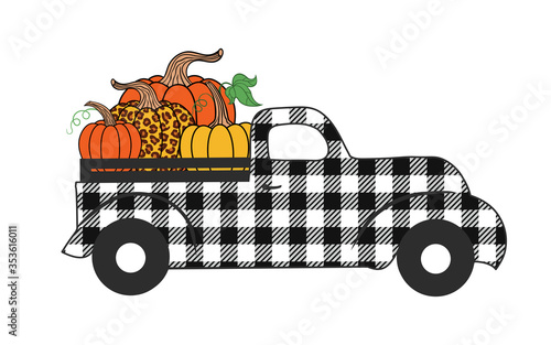 .Buffalo plaid truck with pumpkins. Fall autumn card.  .Happy Thanksgiving . Harvest season. Vector illustration.