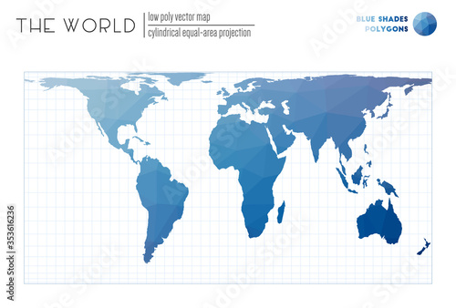 Polygonal world map. Cylindrical equal-area projection of the world. Blue Shades colored polygons. Stylish vector illustration.