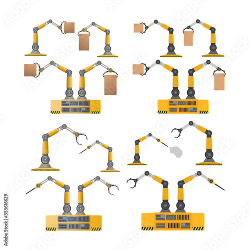 Set of mechanical robots holding boxes. Industrial robotic arm lifts a load. Modern industrial technology. Appliances for manufacturing enterprises. Isolated. Vector.