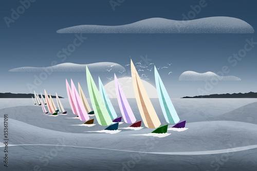 Illustration of colorful Sailing Dinghys Racing