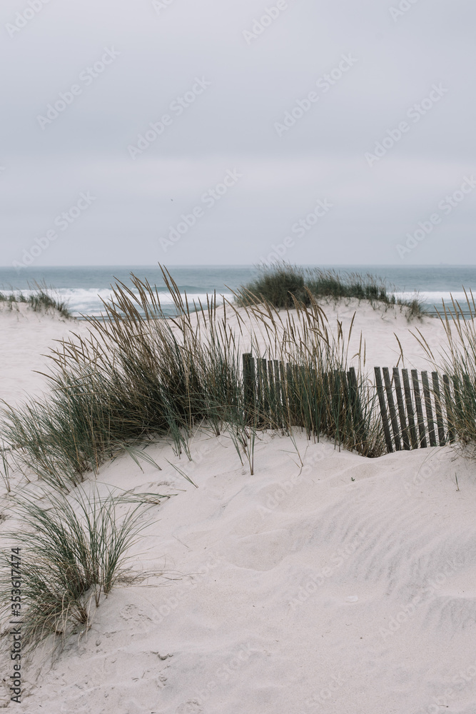 Beautiful white sand dunes with Atlantic ocean on the background and wind blowing in Costa Nova, Aveiro, Portugal Beautiful white sand dunes with Atlantic ocean on the background and wind blowing in Costa Nova, Aveiro, Portugal