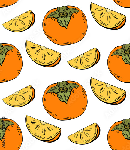 Persimmon color sketch seamless contour pattern on white background. Healthy food with fruits and slices. Vector colorful texture for fabrics, wallpapers and your creativity.