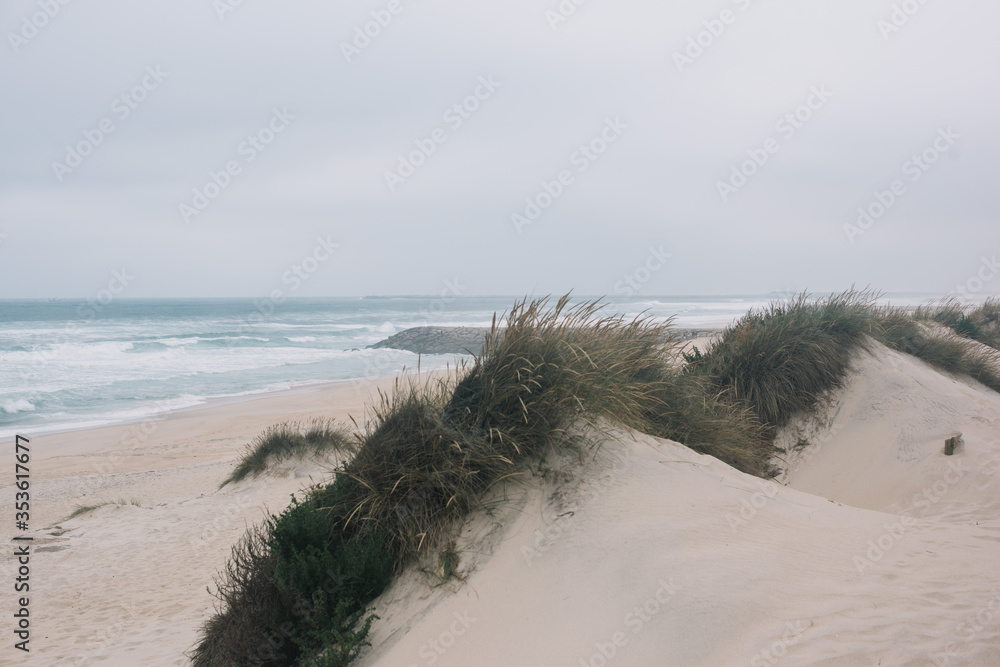 Beautiful white sand dunes with Atlantic ocean on the background and wind blowing in Costa Nova, Aveiro, Portugal Beautiful white sand dunes with Atlantic ocean on the background and wind blowing in Costa Nova, Aveiro, Portugal