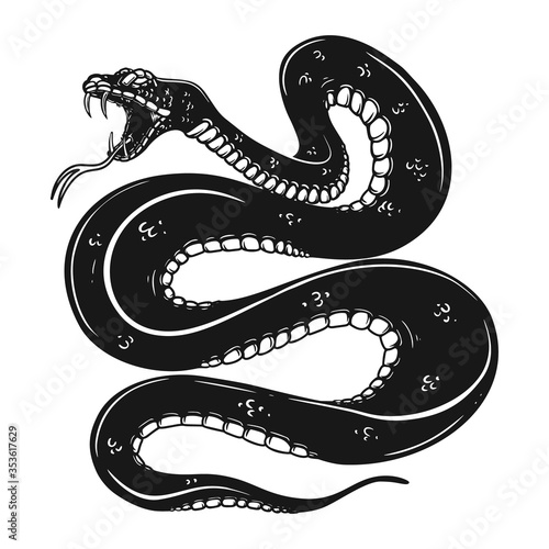 Illustration of poisonous snake  in engraving style. Design element for logo, label, emblem, sign, badge. Vector illustration
