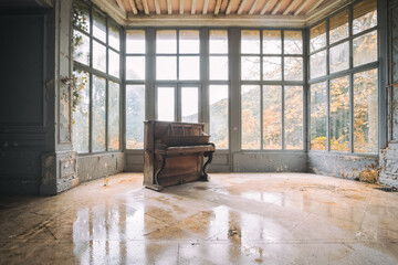Wandcirkels Oude verlaten gebouwen Oude verlaten piano in stof  © alex