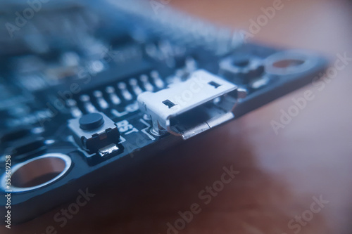 Closeup of electronic circuit board or PCB. Processor, chip..