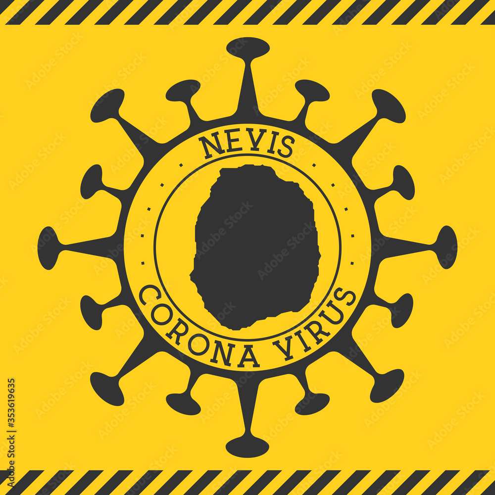 Corona virus in Nevis sign. Round badge with shape of virus and Nevis map. Yellow island epidemy lock down stamp. Vector illustration.