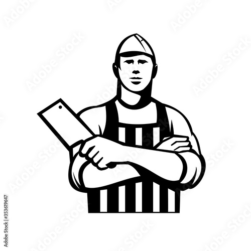 Butcher With Meat Cleaver Knife Arms Crossed Front Retro Black and White