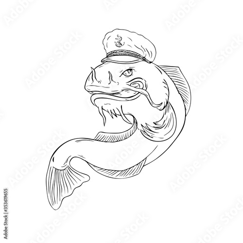 Captain Catfish Wearing Cap Jumping Drawing Black and White