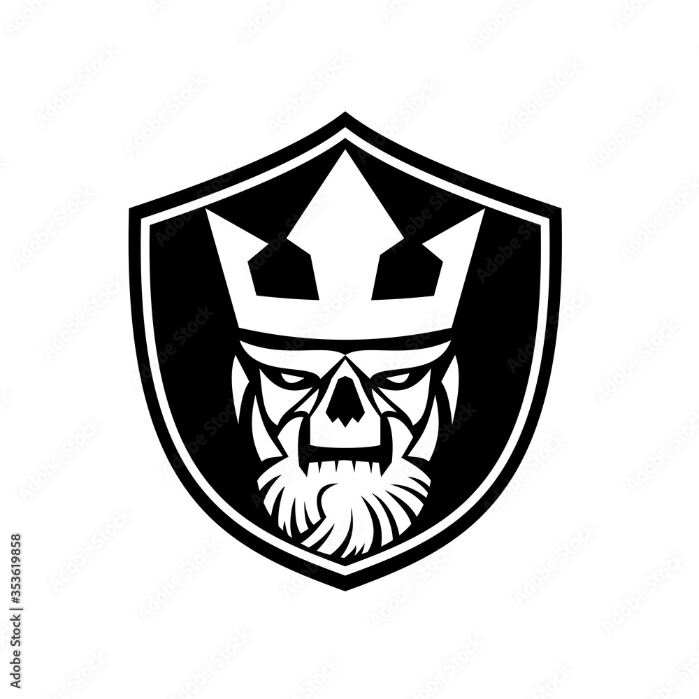 Skull of Neptune or Poseidon Wearing Crown Front View Black and White Skull of Neptune or Poseidon Wearing Crown Front View Black and White