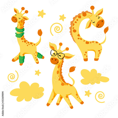 Collection with cute giraffes and yellow clouds on a white background on a white background
