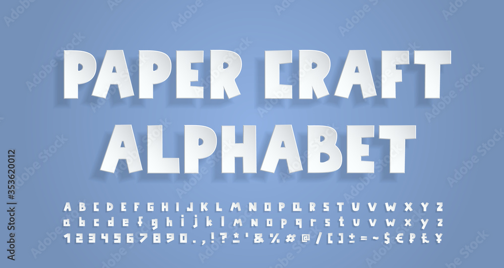 White paper alphabet. 3D font with transparent shadow, realistic paper cut out style. Uppercase and lowercase letters, numbers, punctuation marks and symbols. Vector illustration White paper alphabet. 3D font with transparent shadow, realistic paper cut out style. Uppercase and lowercase letters, numbers, punctuation marks and symbols. Vector illustration