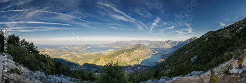 Sunrise panoramic morning view of mountain randge and Kotor bay, Montenegro. View from the top of the mountain serpentine. photo