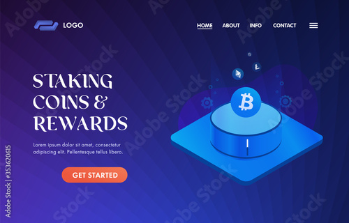 Staking Coins and Rewards UI UX vector web template for website header, banner, slider, landing page. Earn Passive Cryptocurrency Income concept. Receiving periodic rewards for holding funds.  photo