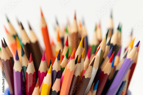 Many colorful pencils for children are brought together.