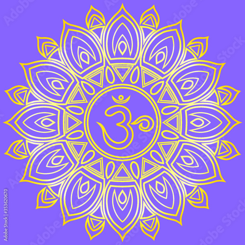 Golden lotus with the syllable om in the center on a purple background.