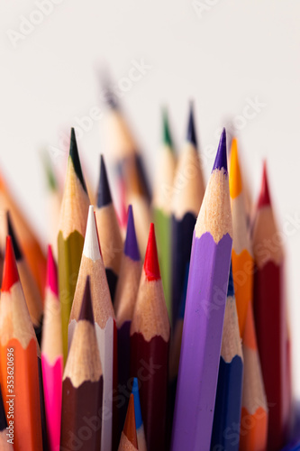 Many colorful pencils for children are brought together.