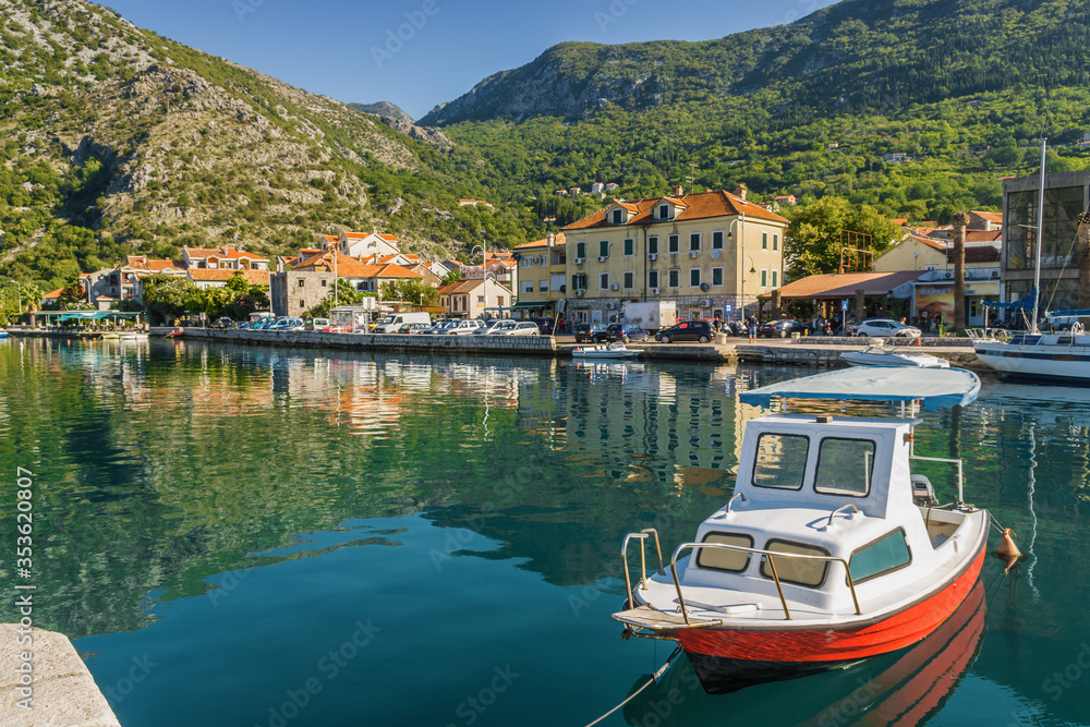Sunny morning view of Risan, small town in Kotor bay, Montenegro.