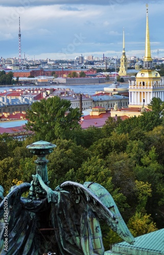 View of historicak city center of Saint-Petersburg, Russia, from the collonade of Saint Isaacs Cathedral. Color photo.