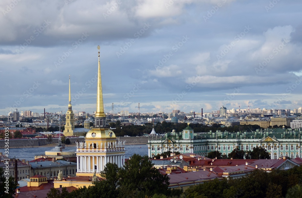 View of historicak city center of Saint-Petersburg, Russia, from the collonade of Saint Isaacs Cathedral. Color photo.