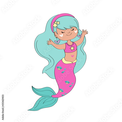 Beautiful illustration with a little mermaid on a white background for children
