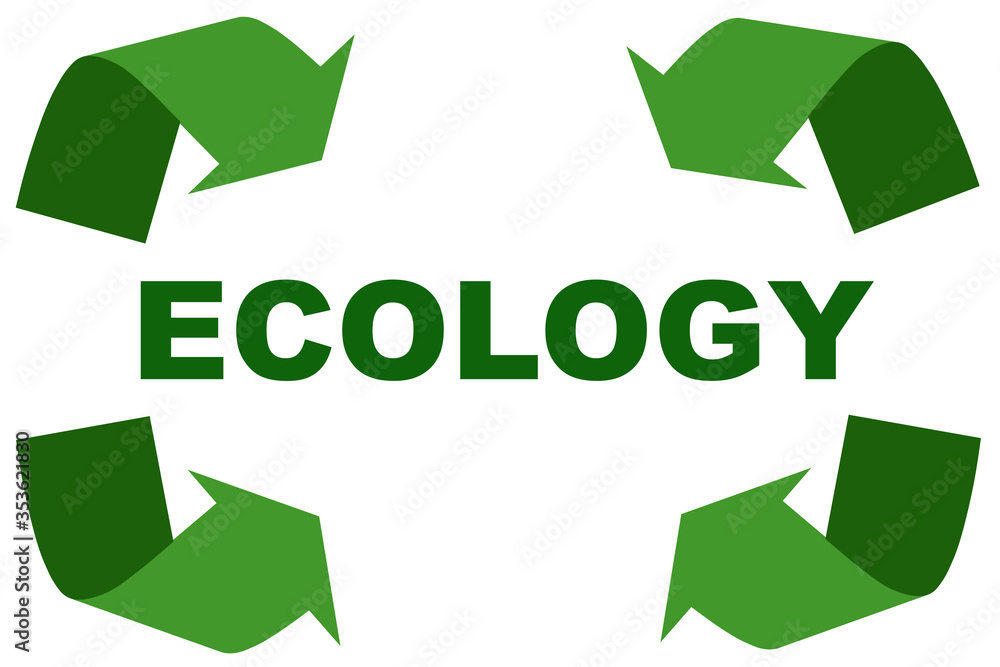Environmental protection, the inscription ECOLOGY on a white background framed by four green curved steles. Environmental protection, the inscription ECOLOGY on a white background framed by four green curved steles.