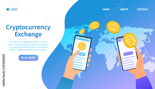 World bitcoin transfer. Hands hold smartphones and presses the send button The cryptocurrency are sent to the recipient Online. Global Digital Money Smart Banking. Suitable for landing, web. Vector