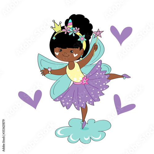 Vector illustration isolated with a beautiful African American fairy on a white background for children