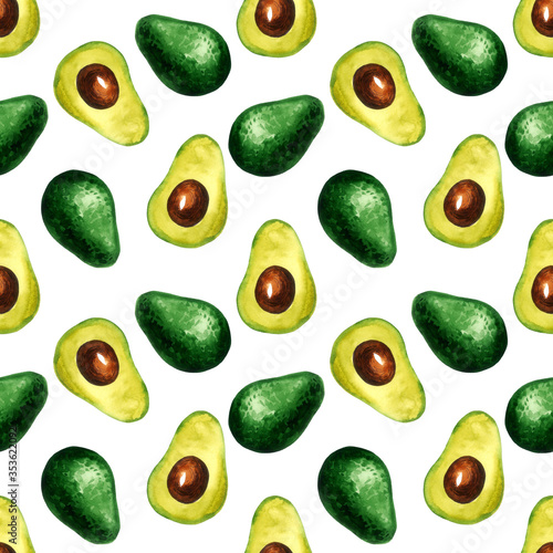 Avocado - healthy vegetables collection. Seamless pattern with watercolor illustration on white background