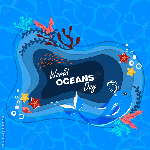 World oceans day. Poster, postcard. The celebration dedicated to help protect, and conserve ecosystem. Vector cartoon illustration.