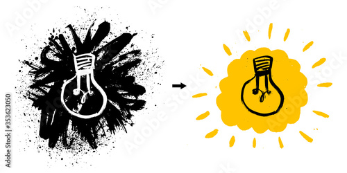 Vector grunge illustration with light bulb. Modern hipster sketch style. Idea and creative thinking concept.