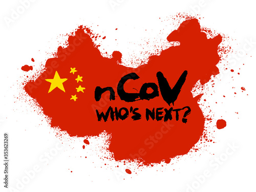 Chinese flag merging with Chinese map. Corona Virus causes viral pneumonia outbreak like Sars virus as deadly pandemic crisis. Acute global alert banner. Grunge hand-drawn style. Splashes around map.