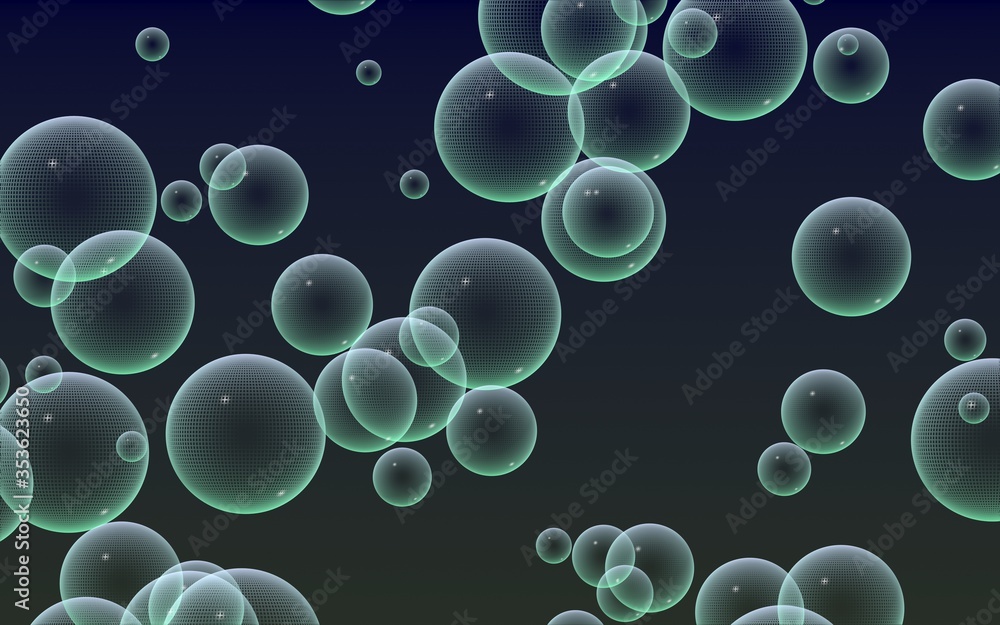 Dark background green mesh bubbles. Wallpaper, texture with bubble. 3D illustration