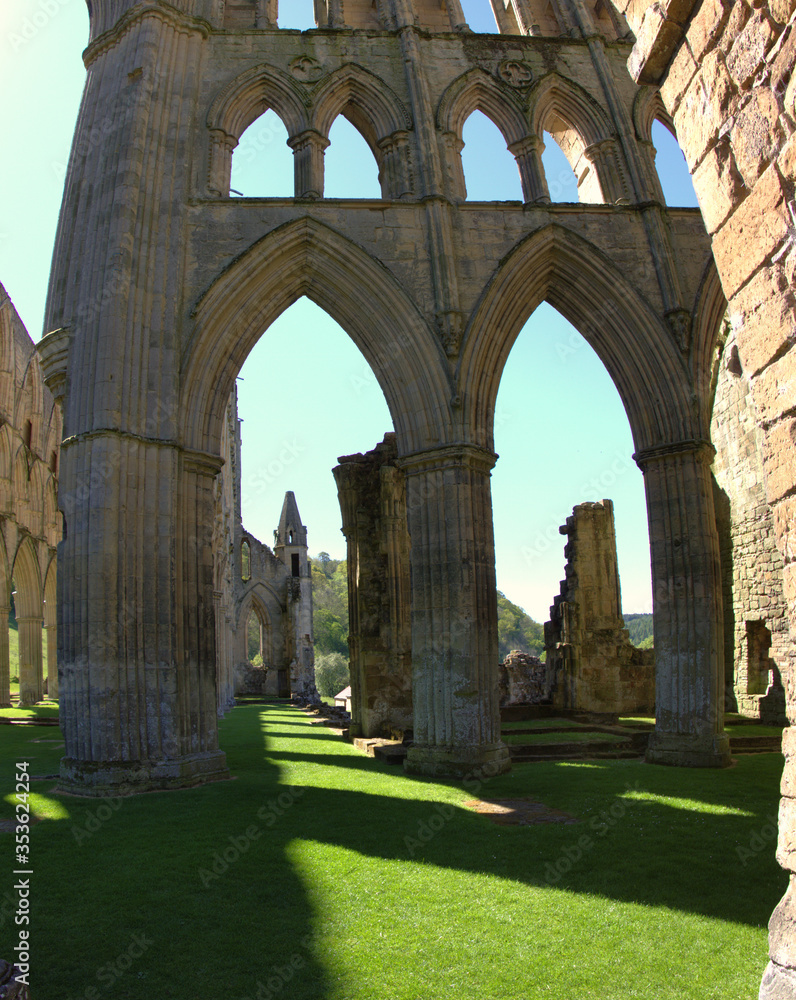 Archs  at Rievaulx Abbey ruins in North York moors national Park, Yorkshire United Kingdom