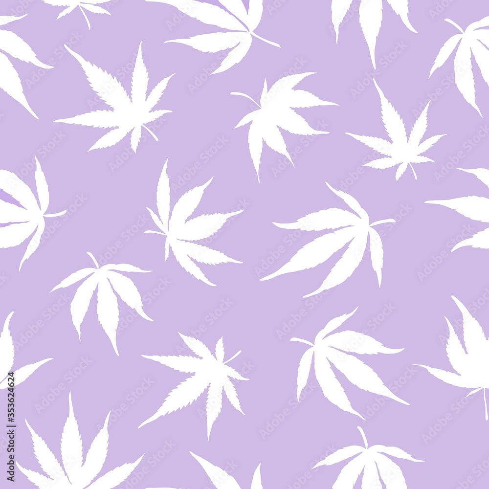 Seamless pattern of white hemp on a soft purple background.White hemp leaves on a purple background. A sample of marijuana. Ganja