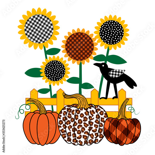 .  Sunflowers and Pumpkins (leopard, plaid, polka dots) and a Crow on the fence.  Vector illustration. Applique template. Farmhouse decor.