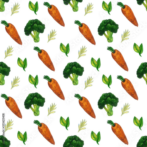 Carrots and broccoli seamless pattern - healthy vegetables collection. Seamless pattern with watercolor illustration on white background
