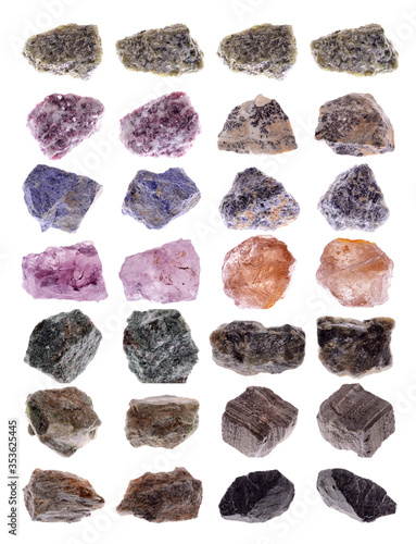 Collection of natural mineral specimens, gem stones isolated on white background