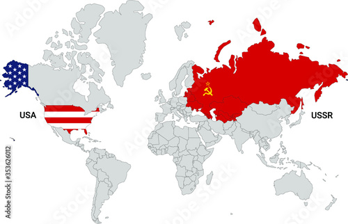 World map with USA and USSR and flags fills photo