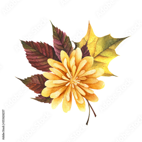 Watercolor hand painted autumn bouquet with leaf maple, grape, yellow chrysanthemum. Fall floral design for digital paper, sticker, invitation, save the date, greeting. Isolated on white background.